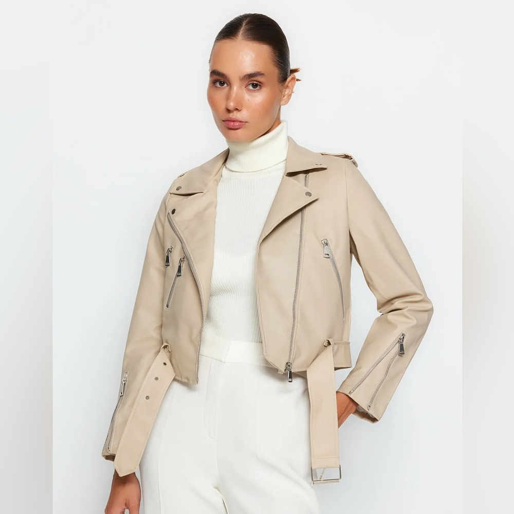 Cream Faux Leather Jacket